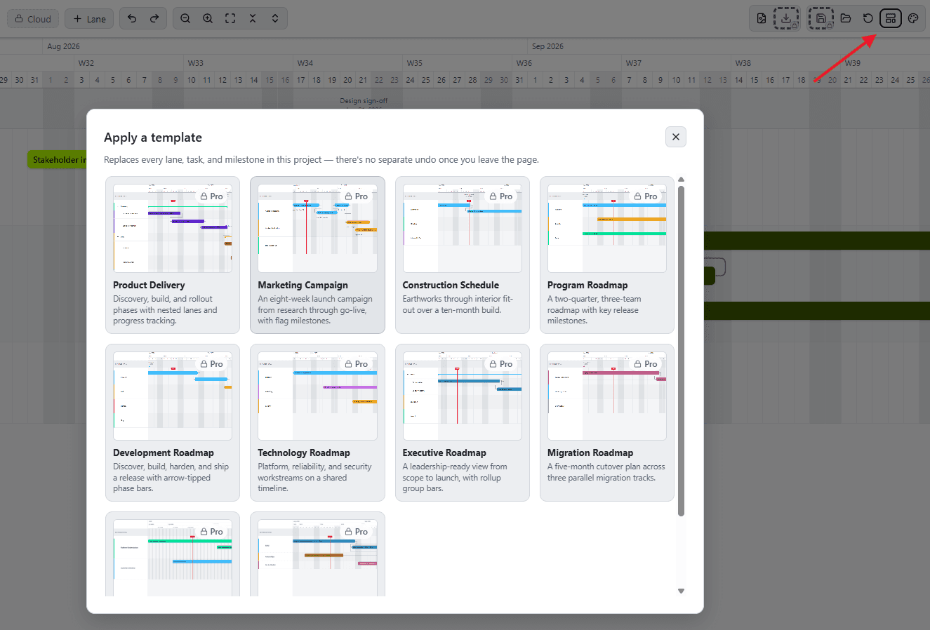 The template gallery open over a project, with the toolbar icon that opens it highlighted
